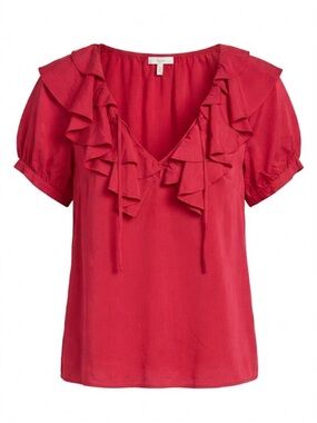 Joie 100% Silk Red Ruffle Blouse - Size Medium